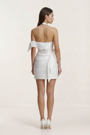 White Halter Satin Sheath Mini Graduation Dress With Bow - KissProm