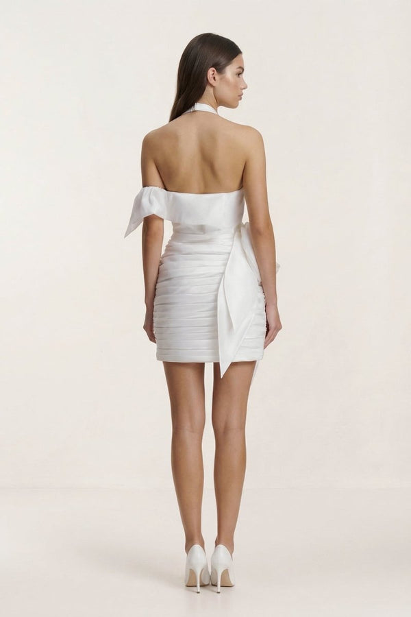 White Halter Satin Sheath Mini Graduation Dress With Bow - KissProm