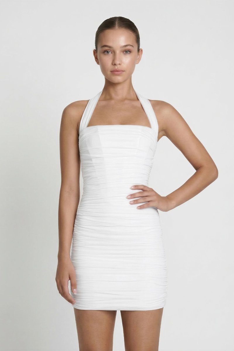White Halter Sheath Pleated Mini Graduation Dress - KissProm