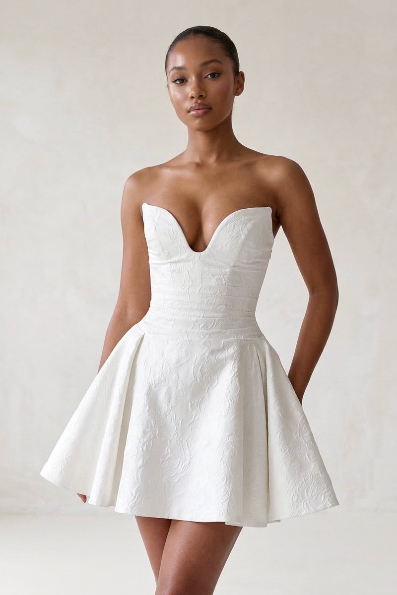 White Jacquard Sweetheart Graduation Dress - KissProm