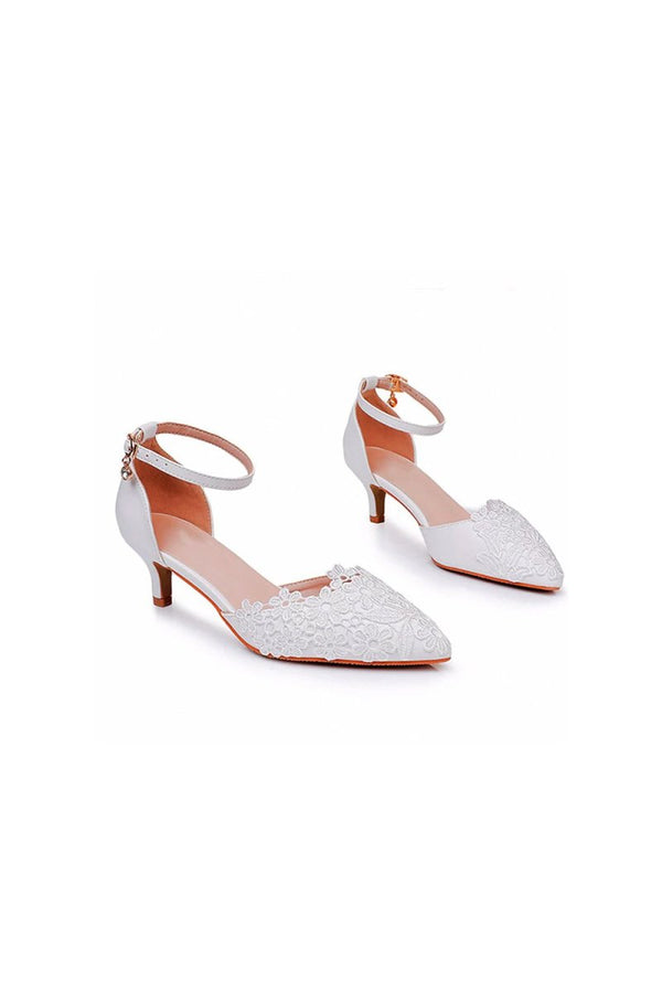 White Lace Embellished Stiletto Pointed Toe Sandals - KissProm