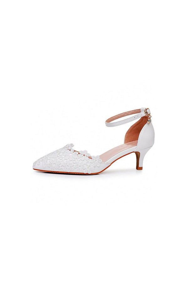 White Lace Embellished Stiletto Pointed Toe Sandals - KissProm