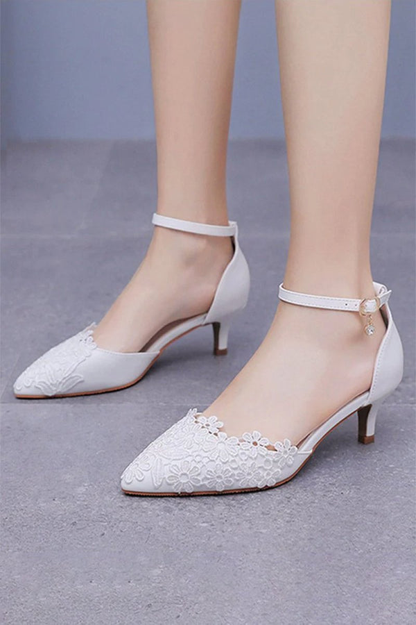 White Lace Embellished Stiletto Pointed Toe Sandals - KissProm