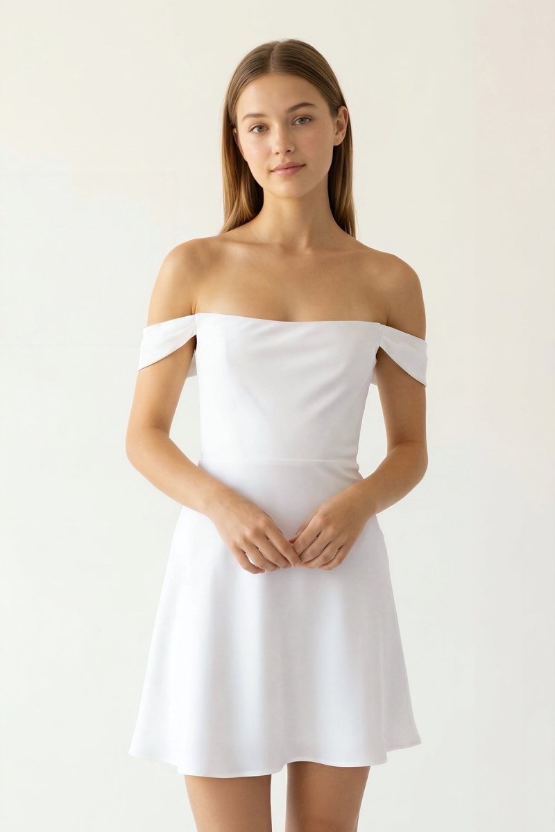 White Off-the-Shoulder A-Line Satin Graduation Dress – Graduation Dresses by KissProm | Available at KissProm