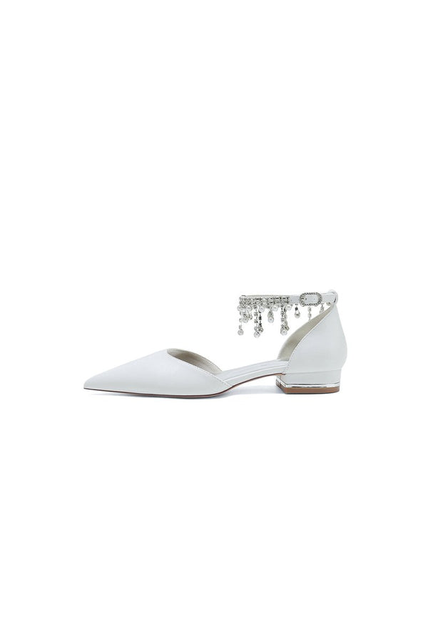 White Pearl Beaded Ankle Strap Pointed Toe Low Heels - KissProm