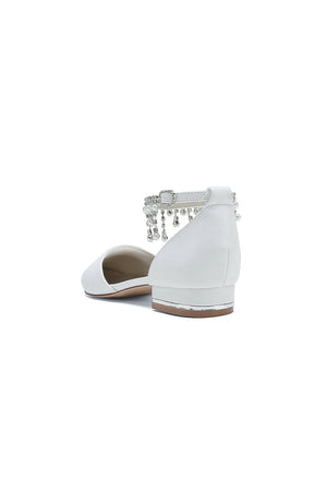 White Pearl Beaded Ankle Strap Pointed Toe Low Heels - KissProm