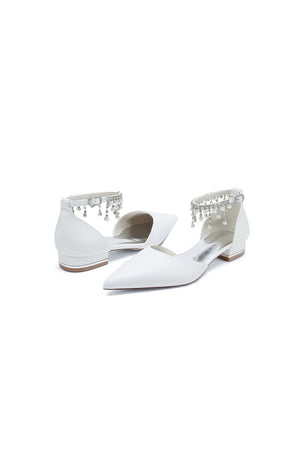 White Pearl Beaded Ankle Strap Pointed Toe Low Heels - KissProm