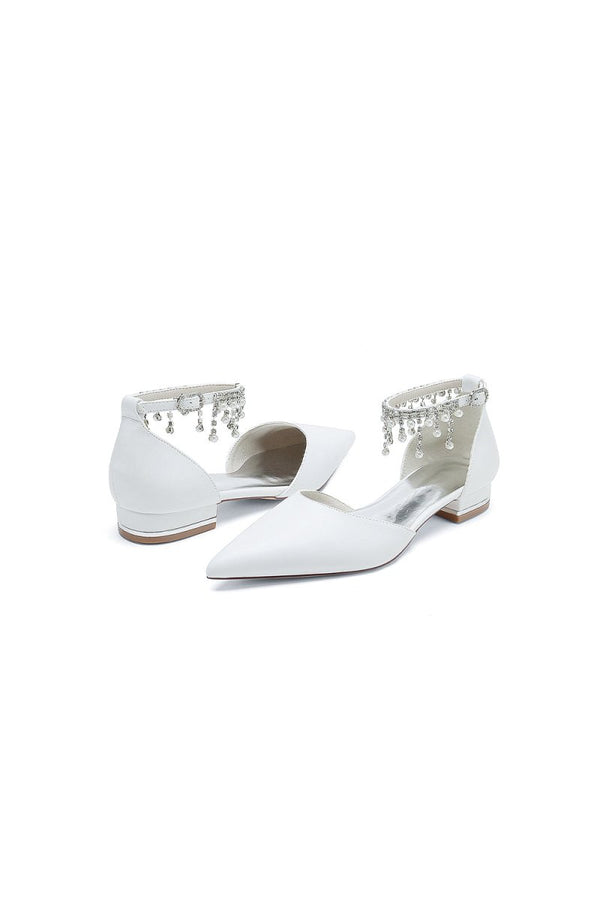 White Pearl Beaded Ankle Strap Pointed Toe Low Heels - KissProm