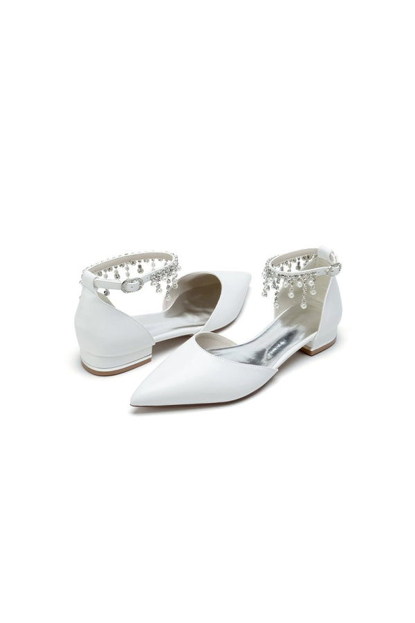 White Pearl Beaded Ankle Strap Pointed Toe Low Heels - KissProm