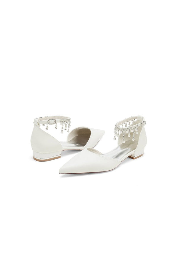 White Pearl Beaded Ankle Strap Pointed Toe Low Heels - KissProm