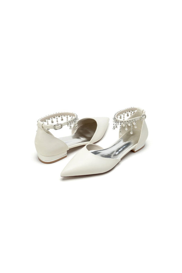 White Pearl Beaded Ankle Strap Pointed Toe Low Heels - KissProm