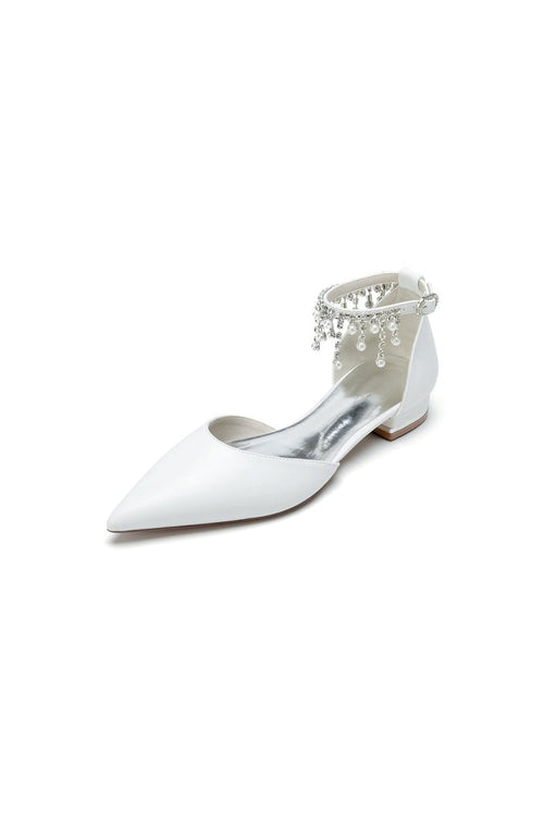 White Pearl Beaded Ankle Strap Pointed Toe Low Heels - KissProm