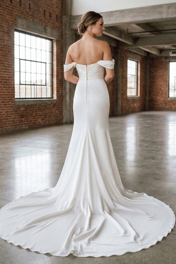 White Pearls Off - the - Shoulder Mermaid Long Wedding Dress - KissProm