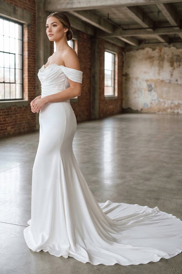 White Pearls Off - the - Shoulder Mermaid Long Wedding Dress - KissProm