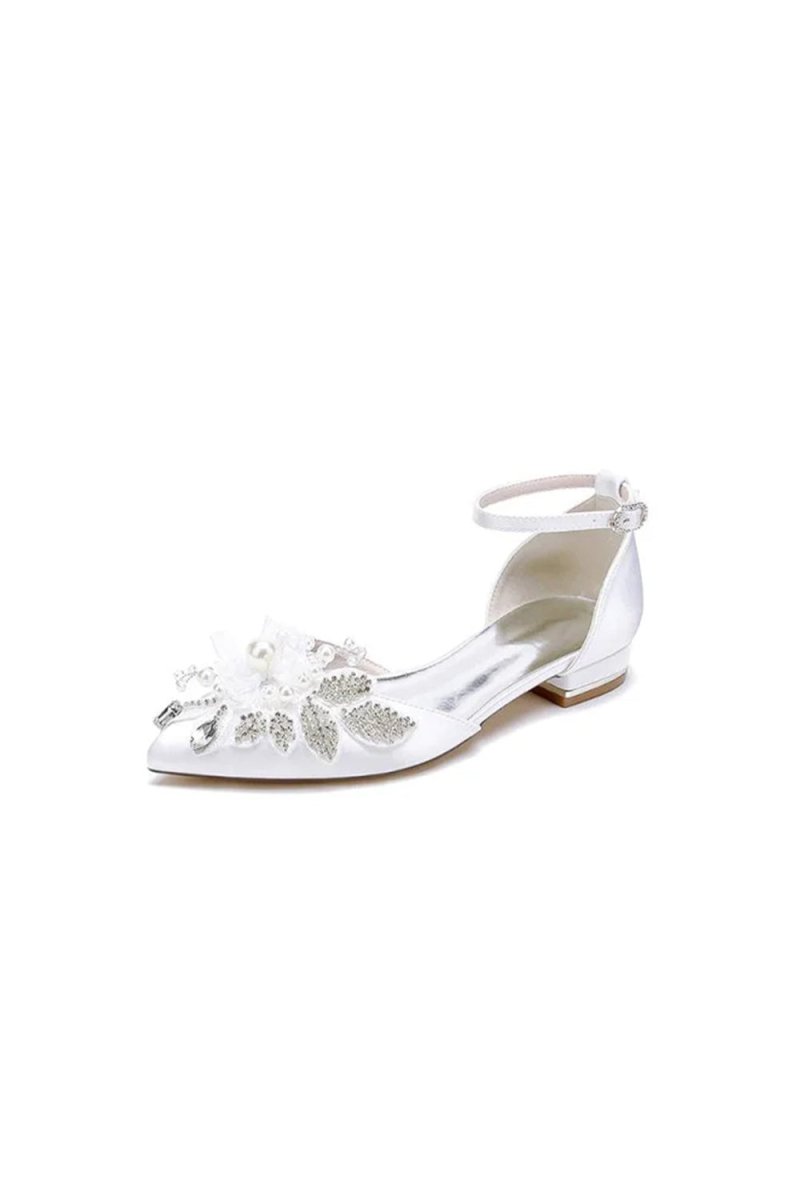 White Pointed Toe Ankle Strap Low Heels with Rhinestone - KissProm