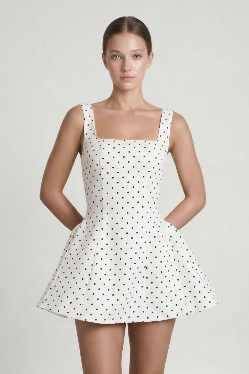 White Polka Dot Square Neck A - Line Mini Graduation Dress - KissProm