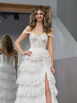 A-Line Lace Off-the-Shoulder Tiered Long Prom Dress with Slit – Prom Dress by KissProm | Available at KissProm