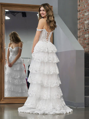 A-Line Lace Off-the-Shoulder Tiered Long Prom Dress with Slit – Prom Dress by KissProm | Available at KissProm
