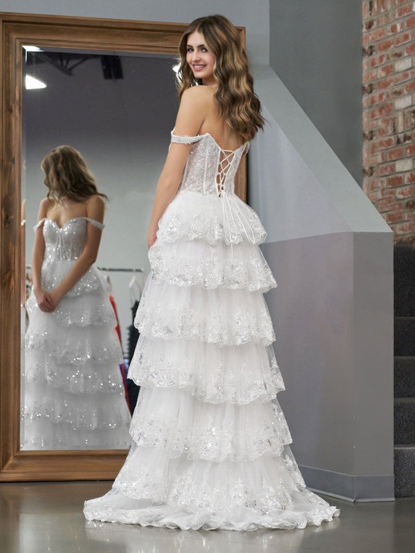 A-Line Lace Off-the-Shoulder Tiered Long Prom Dress with Slit – Prom Dress by KissProm | Available at KissProm