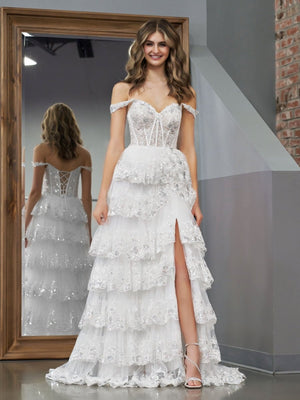 A-Line Lace Off-the-Shoulder Tiered Long Prom Dress with Slit – Prom Dress by KissProm | Available at KissProm