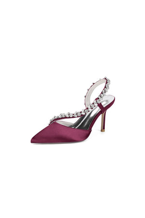 White Satin High Heels with Crystal Embellishments - KissProm