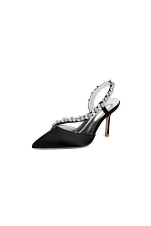White Satin High Heels with Crystal Embellishments - KissProm