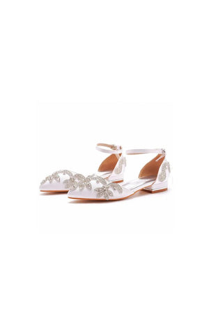 White Satin Rhinestone Flowers Pointed Toe Ankle Strap Chunky Heels - KissProm