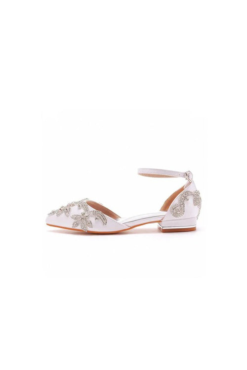 White Satin Rhinestone Flowers Pointed Toe Ankle Strap Chunky Heels - KissProm
