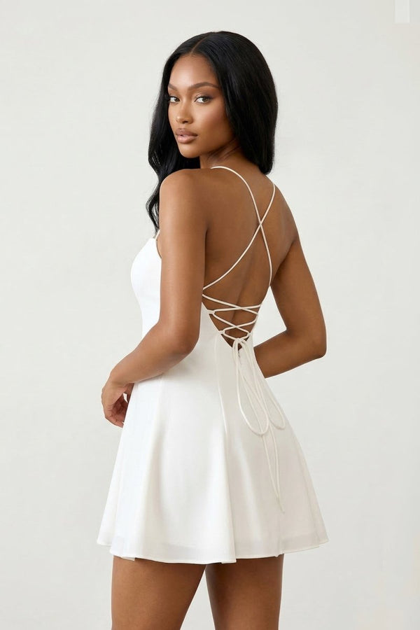 White Spaghetti Strap A - Line Chiffon Graduation Dress - KissProm