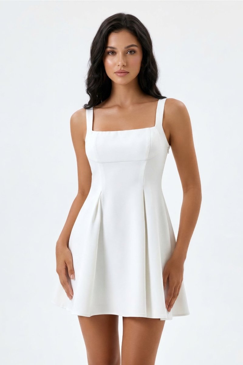 White Square Neck Graduation Dress With Back Bow - KissProm