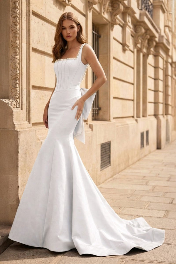 Black Square Neck Mermaid Satin Long Prom Dresses With Pearls – Prom Dress by KissProm | Available at KissProm