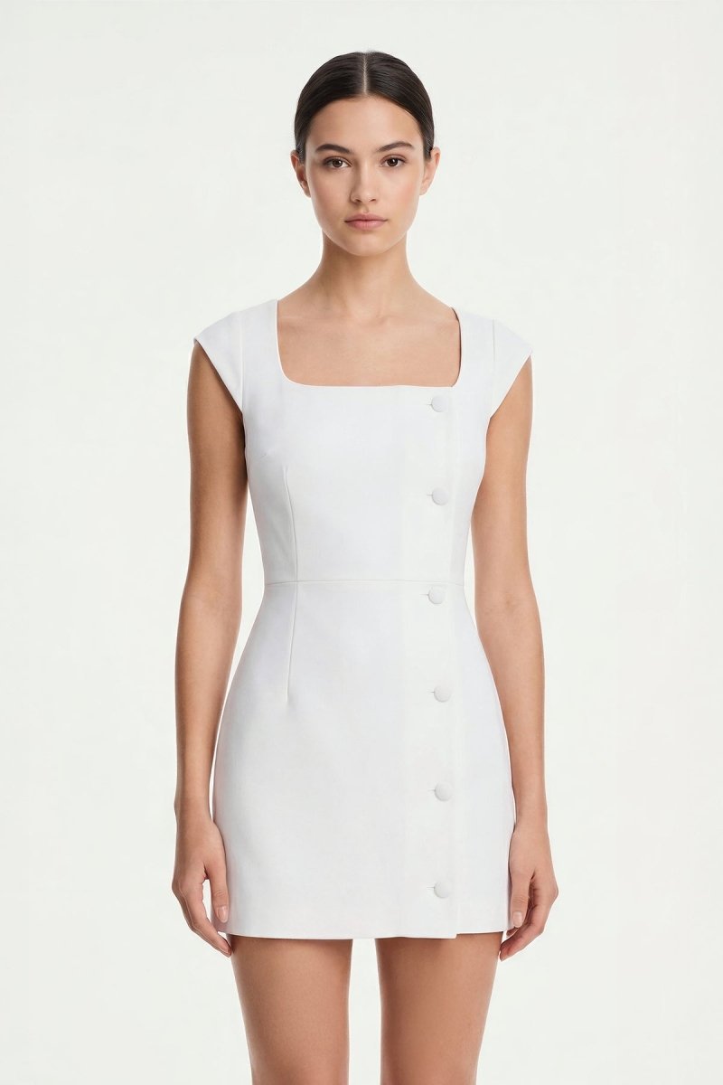 White Square Neck Sheath Graduation Dress With Button - KissProm