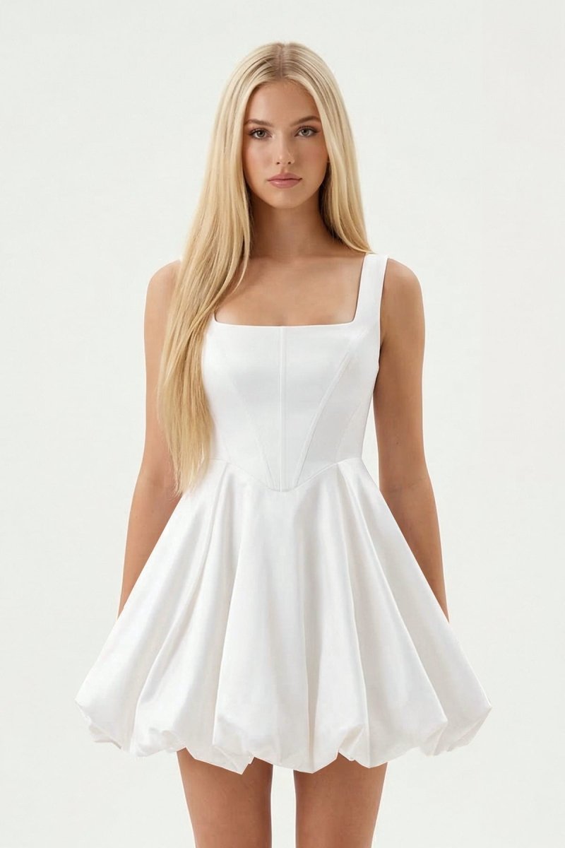 White Square Neck Taffeta A - Line Mini Graduation Dress - KissProm