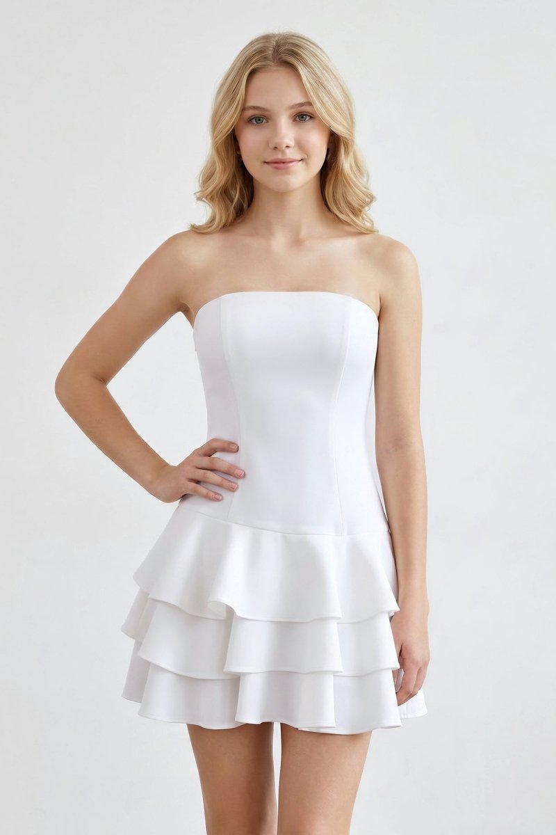 White Strapless A - Line Tiered Graduation Dress - KissProm