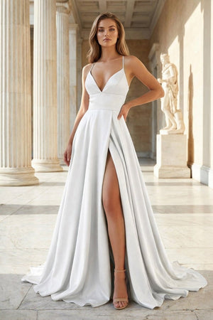 Pink Spaghetti Straps Satin Backless A Line Prom Dress With Pockets - KissProm