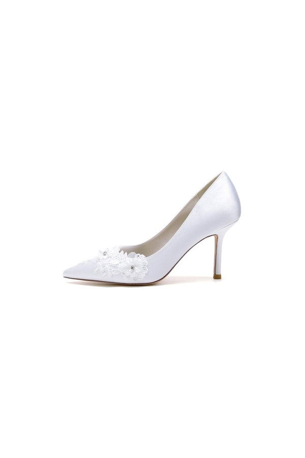 White Wedding Shoes Stiletto Heel Satin With Lace - KissProm