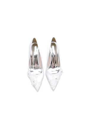 White Wedding Shoes Stiletto Heel Satin With Lace - KissProm