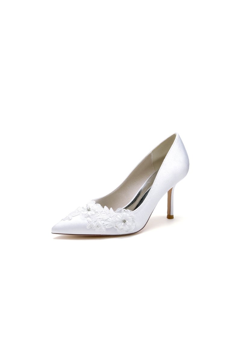 White Wedding Shoes Stiletto Heel Satin With Lace - KissProm