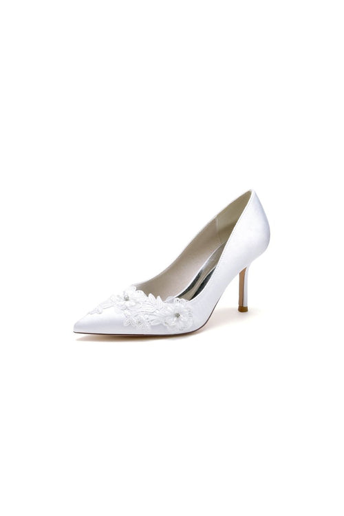 White Wedding Shoes Stiletto Heel Satin With Lace - KissProm