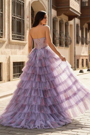 Purple Strapless A Line Tulle Printed Ruffle Tiered Prom Dresses With Slit - KissProm
