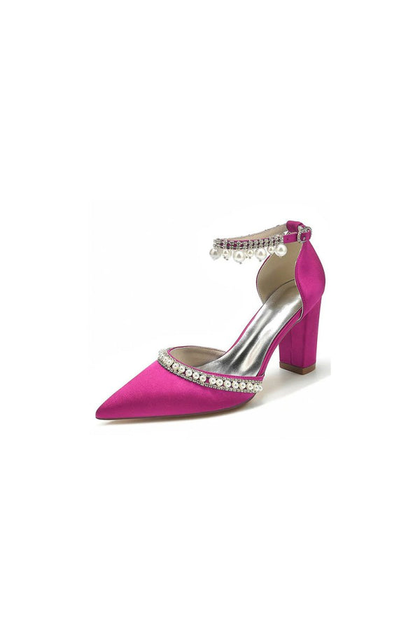 Women's Wedding Shoes Satin Block Heel Pearl Rhinestone Tassel Wedding Shoes - KissProm