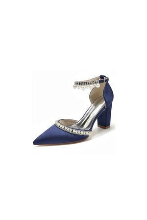 Women's Wedding Shoes Satin Block Heel Pearl Rhinestone Tassel Wedding Shoes - KissProm