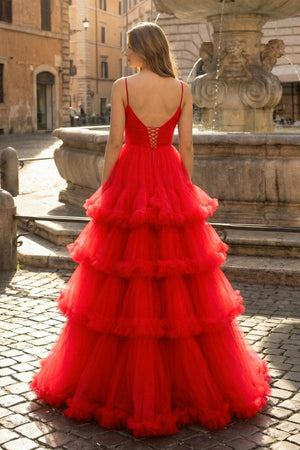 A - line V - Neck Tulle Prom Dress with Tiered Ruffles - KissProm