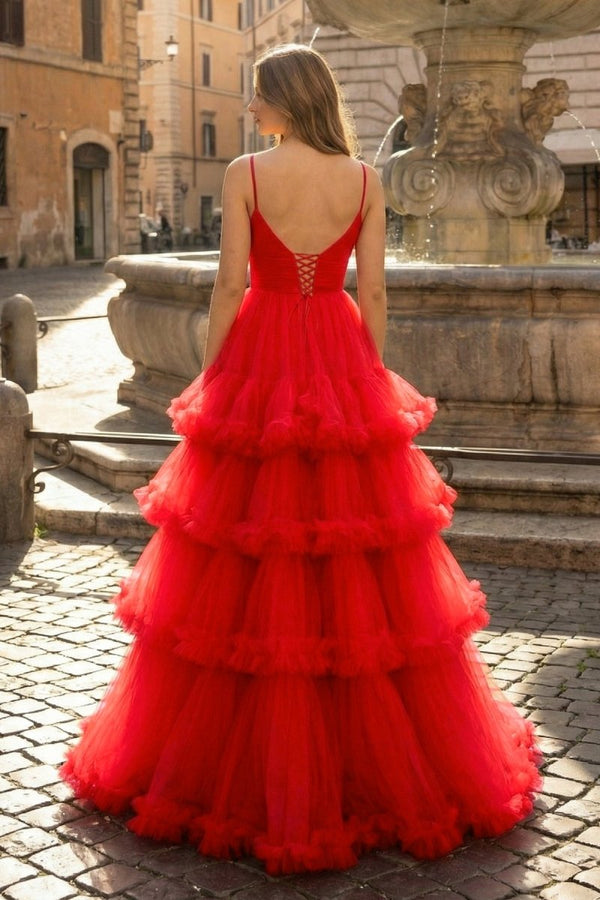 A - line V - Neck Tulle Prom Dress with Tiered Ruffles - KissProm