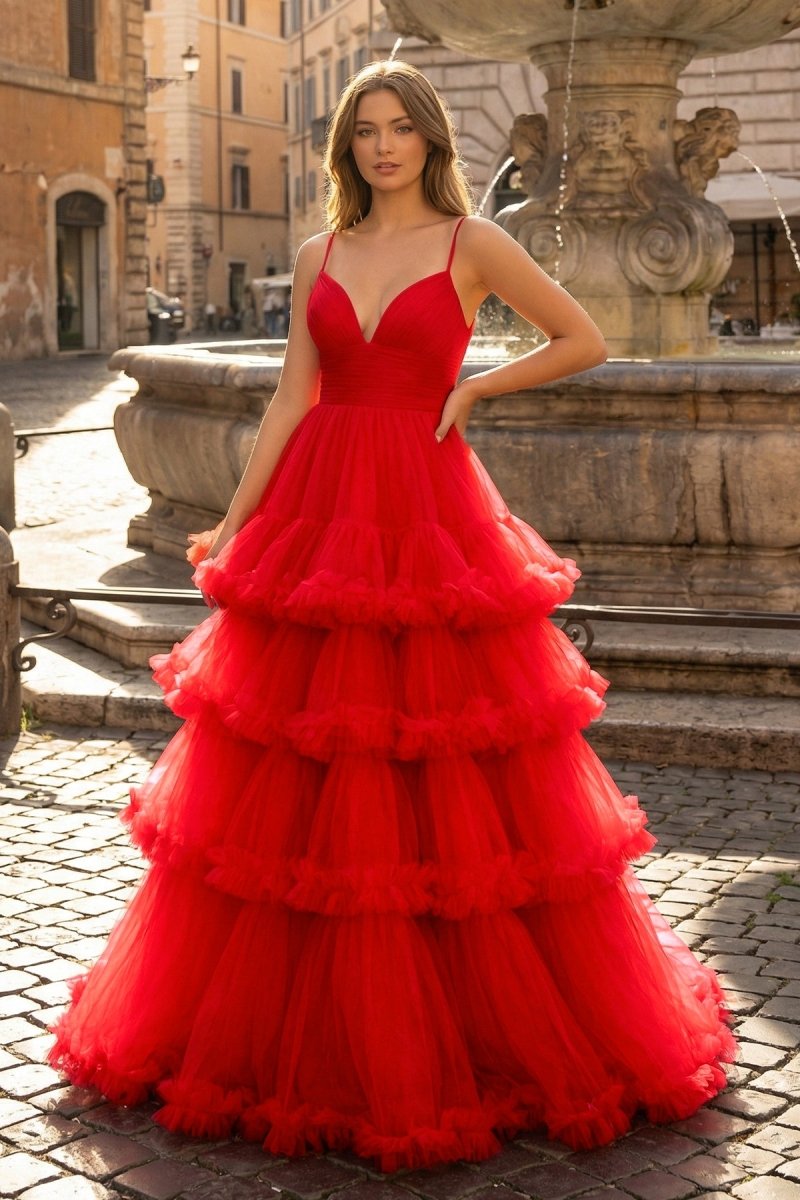 A - line V - Neck Tulle Prom Dress with Tiered Ruffles - KissProm