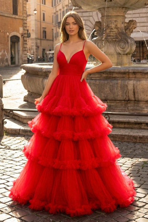 A - line V - Neck Tulle Prom Dress with Tiered Ruffles - KissProm