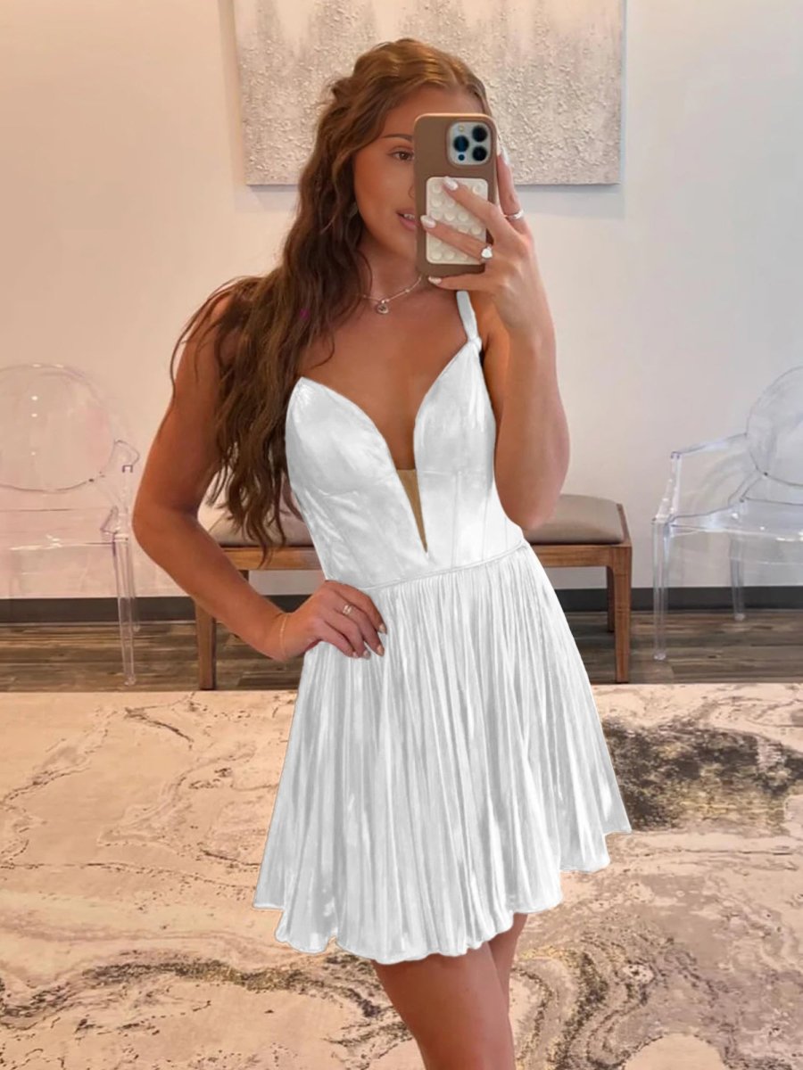 White - V Neck A-Line Metallic Pleated Short Homecoming Dresses – Homecoming Dresses by KissProm | Available at KissProm