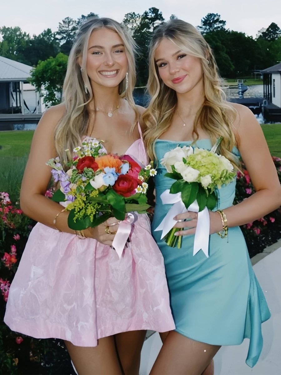 Aqua - Strapless Sheath Irregular Hem Satin Short Homecoming & Cocktail Dress – Homecoming Dress by KissProm | Available at KissProm