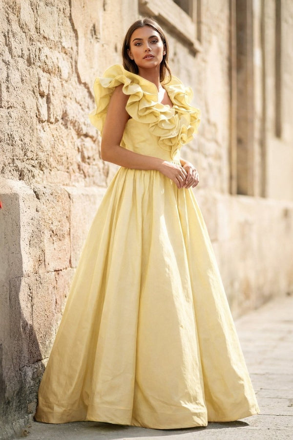 Red Ruffle V Neck Satin A - Line Long Prom Dresses - KissProm