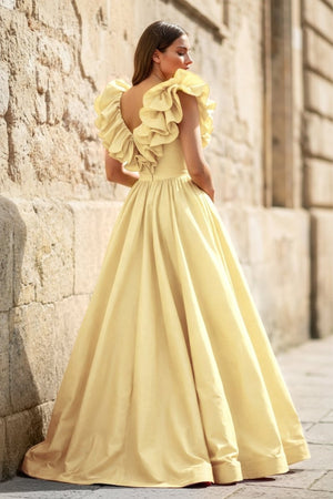 Red Ruffle V Neck Satin A - Line Long Prom Dresses - KissProm